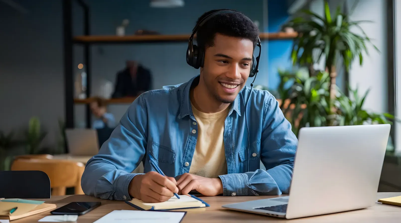 Jovem trabalhando em home office com computador e fones de ouvido, fazendo anotações em reunião por videoconferência e sorrindo enquanto fala com o time.