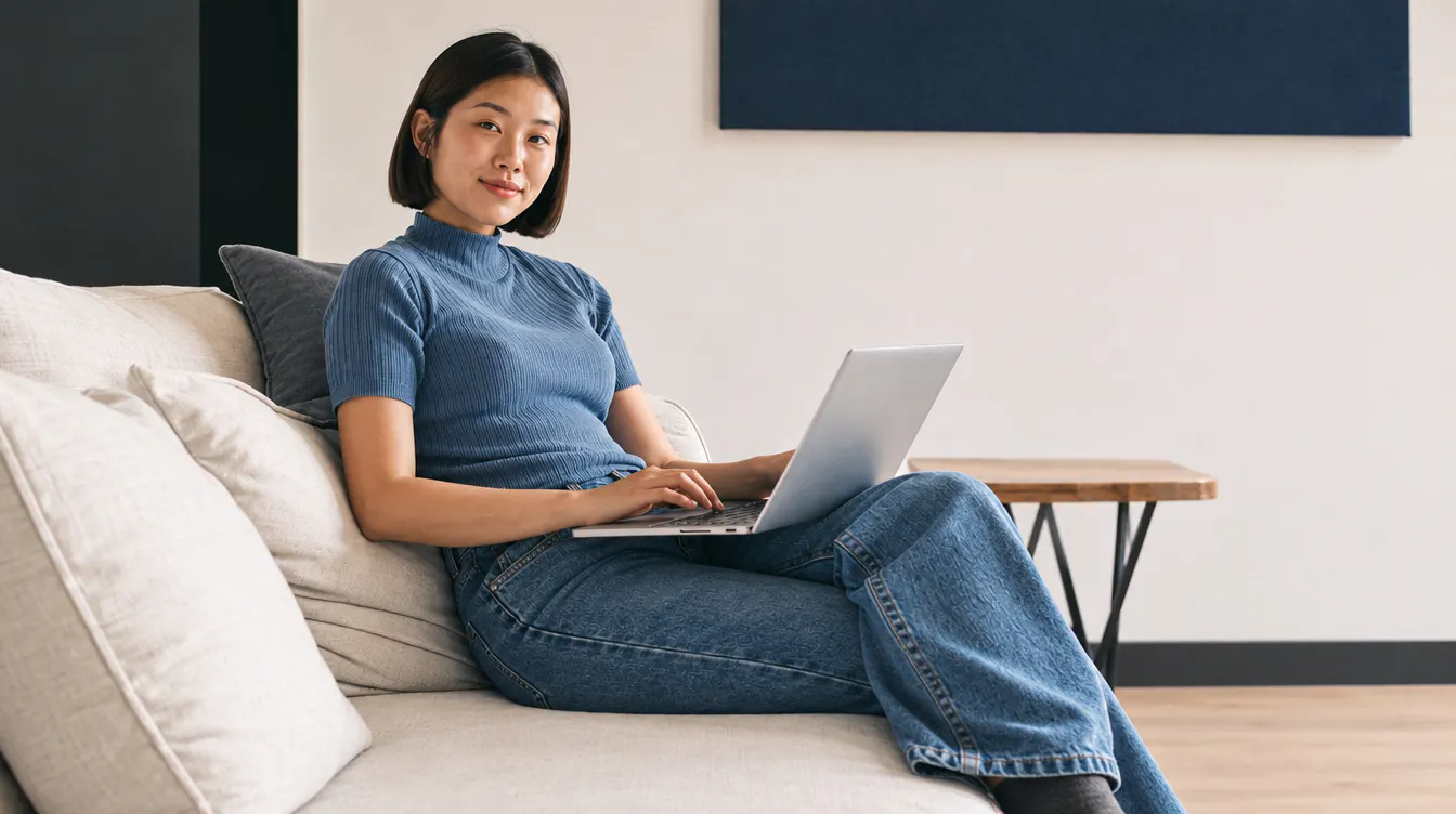 mulher sentada em um sofá branco, com o notebook no colo
