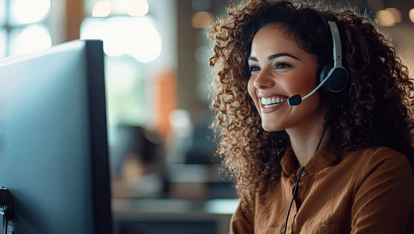 Atendente sorridente em home office usando headset com microfone, trabalhando em frente ao computador em ambiente de escritório moderno, atendimento ao cliente por telefone ou suporte online.