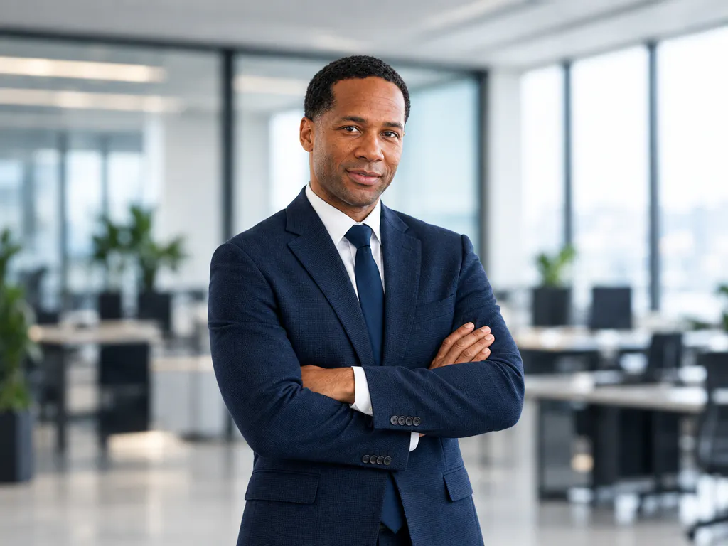 homem negro de terno com os braços cruzados