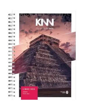 Capa de um livro com espiral na lombada, título “KNN” e a frase “The world is here”, com foto de uma pirâmide antiga ao fundo e um quadro “Livro dos” com informações de curso.