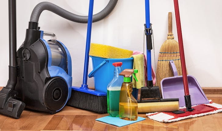 Kitchen utensils: broom, dustpan, dustpan, cleaning product, dust hoover