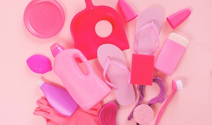 pink cleaning products and pink sandals