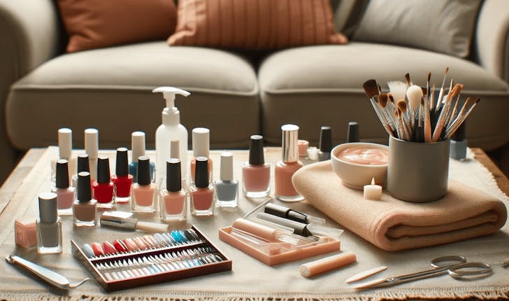 a coffee table, showing a variety of nail polishes and nail equipment
