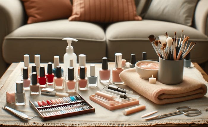 a coffee table, showing a variety of nail polishes and nail equipment
