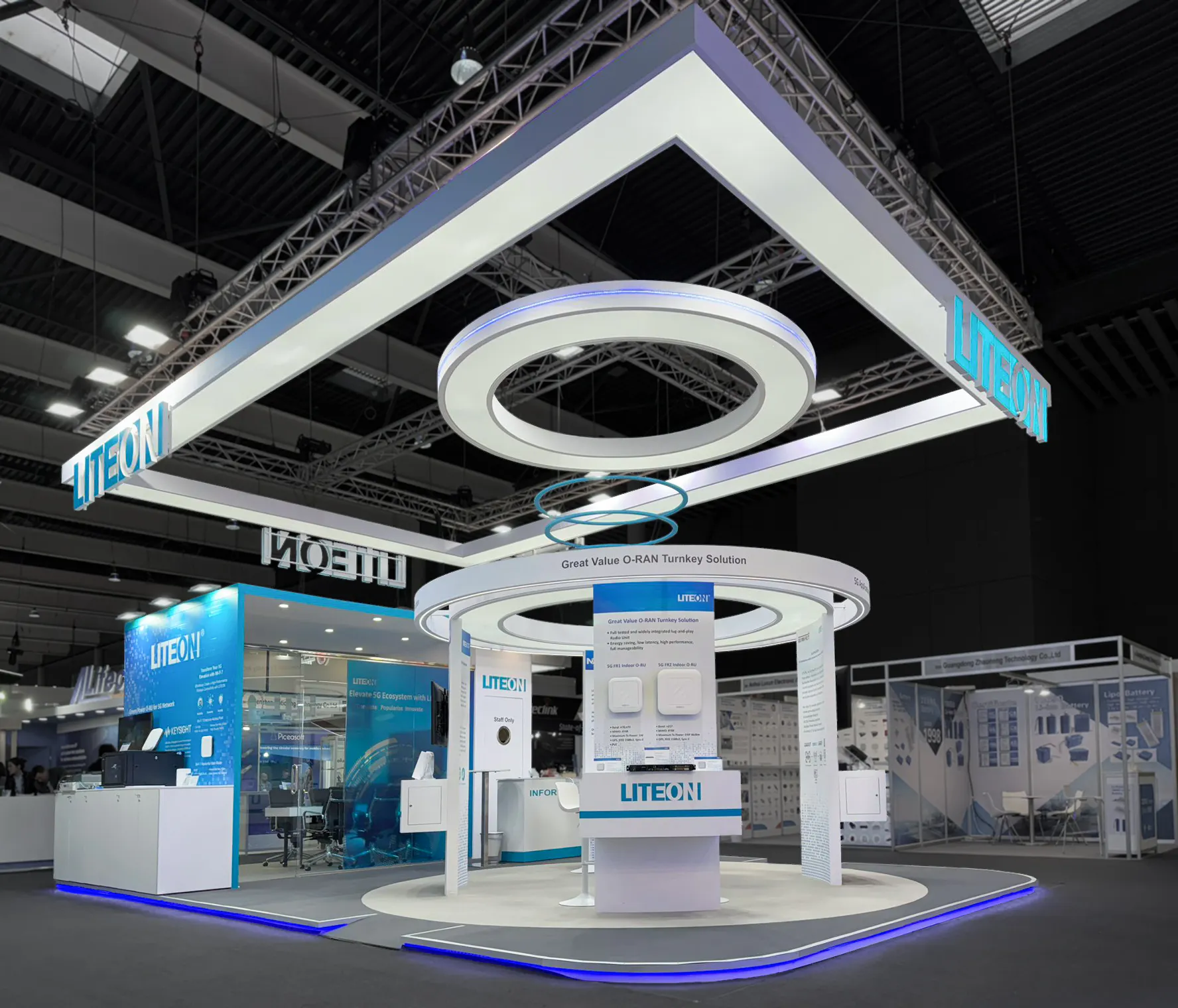 LiteOn exhibition stand at a mobile tech fair with circular hanging structures, blue LED accents, and product displays for O-RAN network solutions