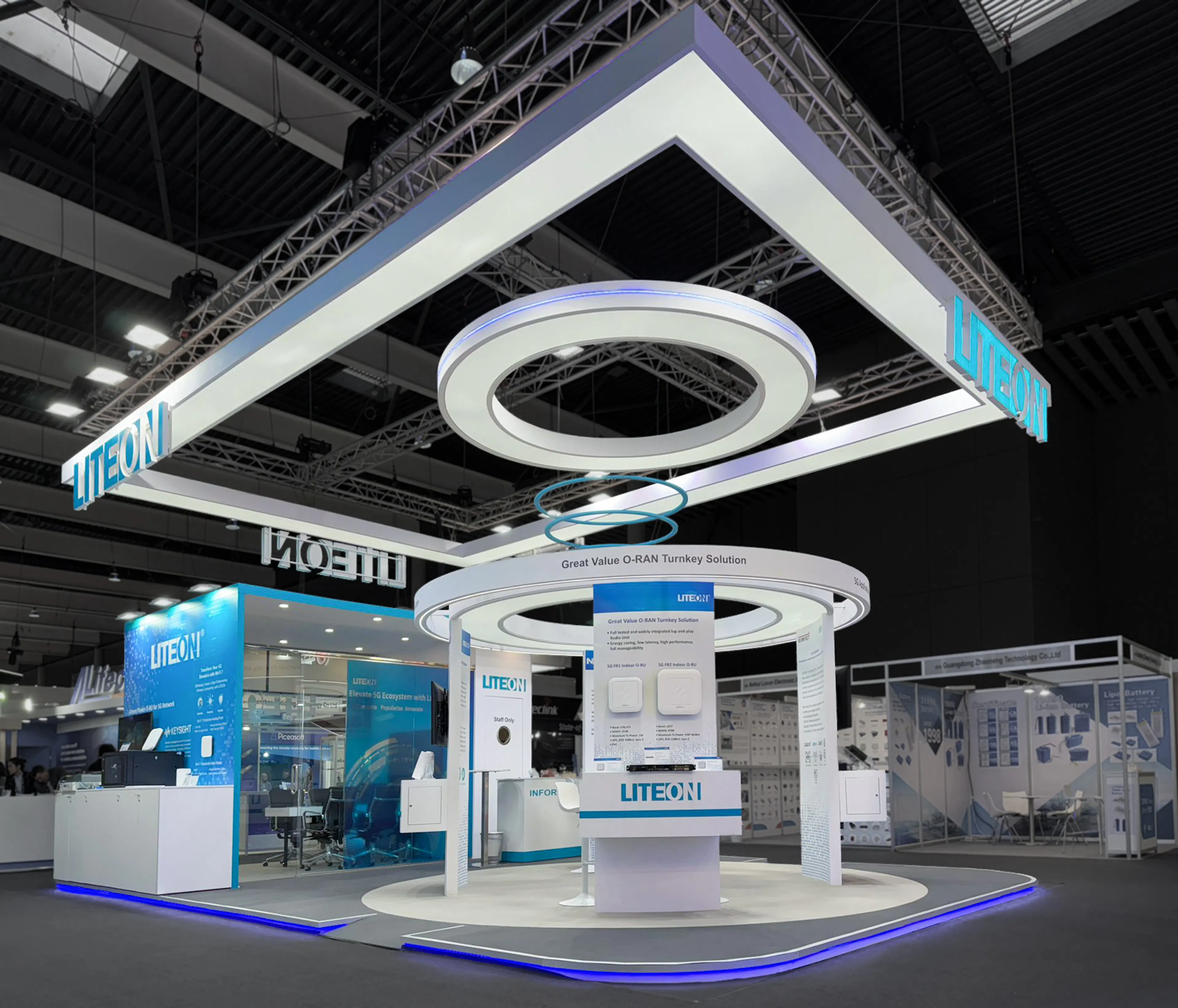 LiteOn exhibition stand at a mobile tech fair with circular hanging structures, blue LED accents, and product displays for O-RAN network solutions