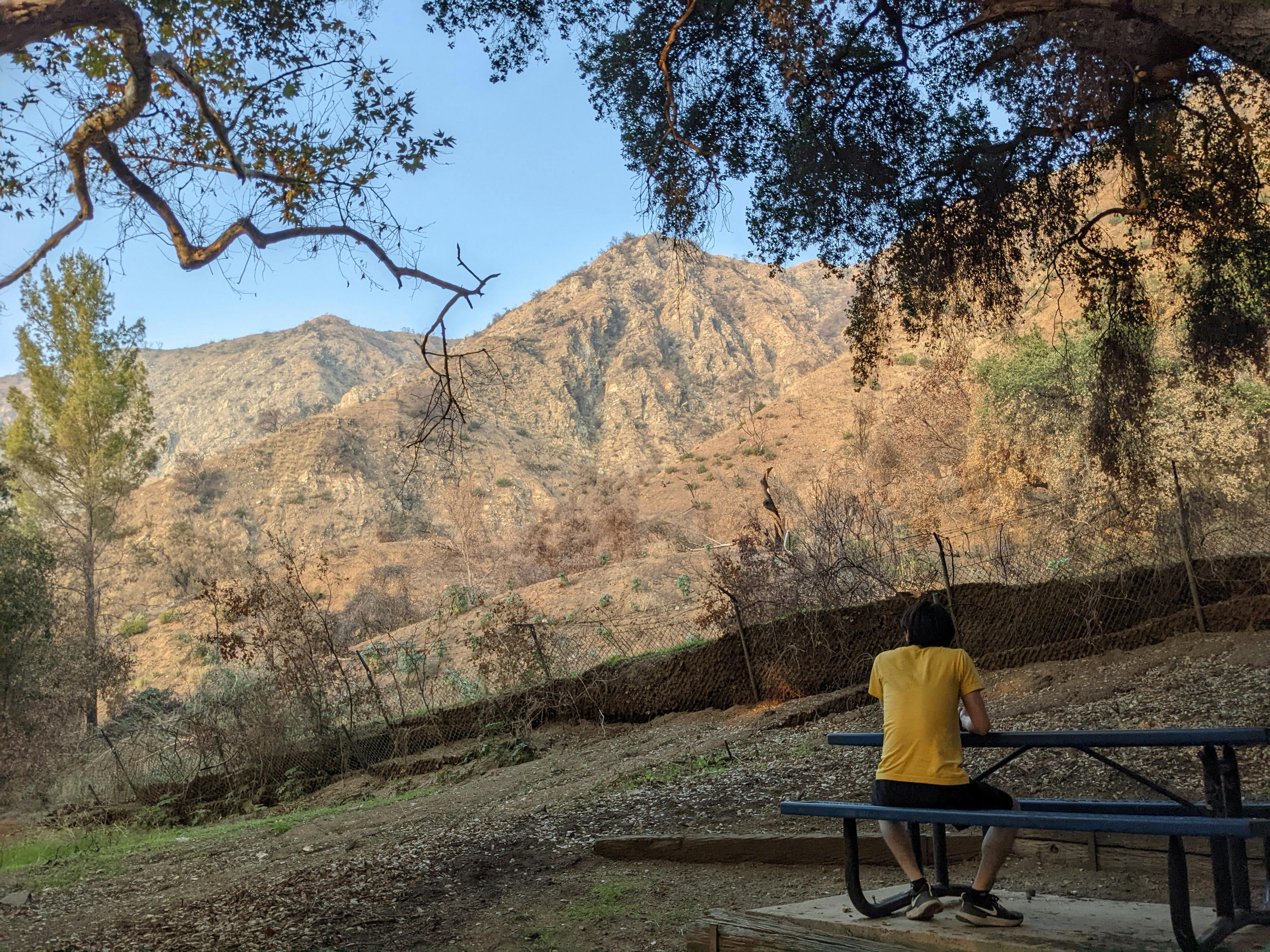 Person sitting at a picnic table overlooking the mountains at Arcadia Wilderness Park in Los Angeles County 