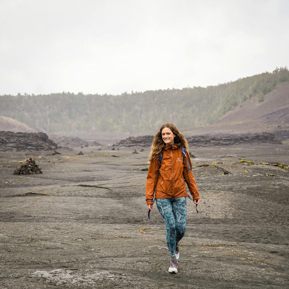 Hiker on the lava field trail at as part of the Kilauea Iki trail in Hawaii Volcanoes National Park