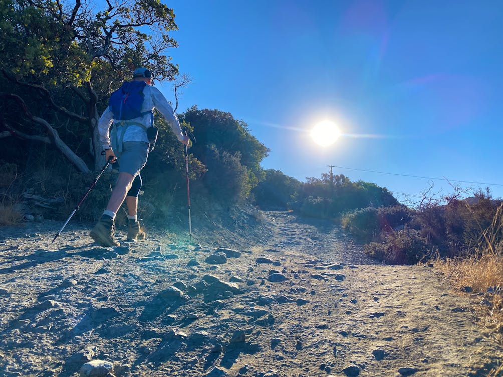 Hiker heading up a wide dirt trail at St. Joseph's Hill in Los Gatos 