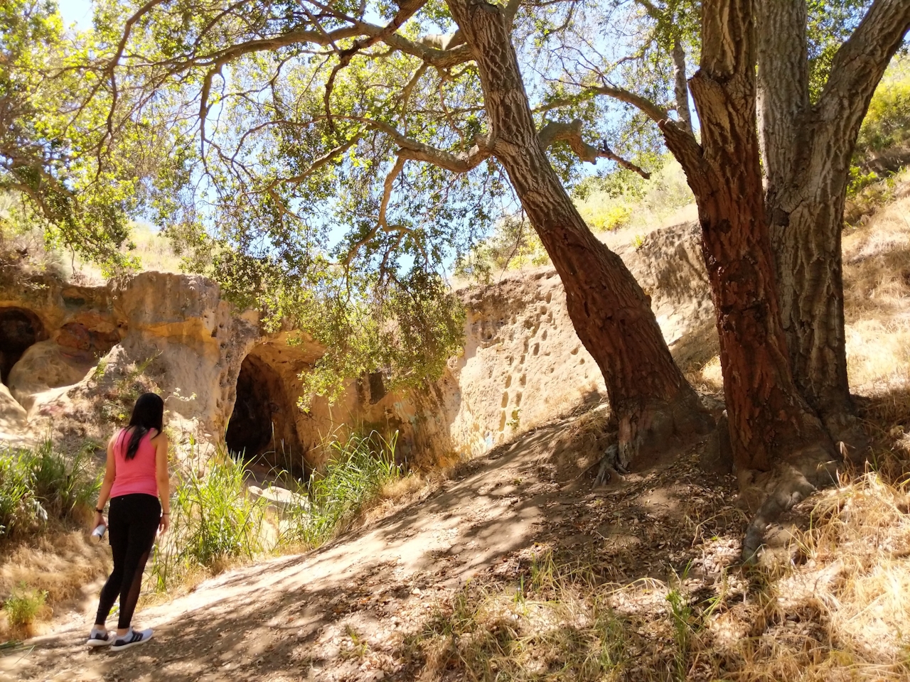 Hiker approaching Vanalden Cave in the Santa Cruz Mountains 