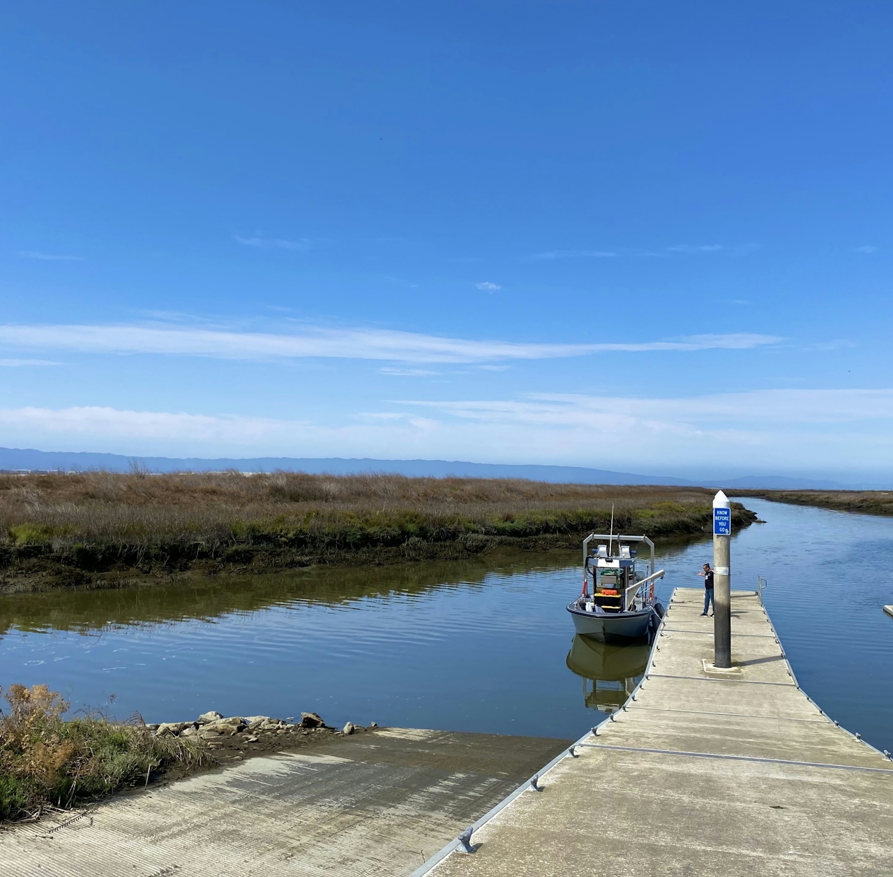 Person on the dock at the marsh along the San Jose Guadalupe River Trail 