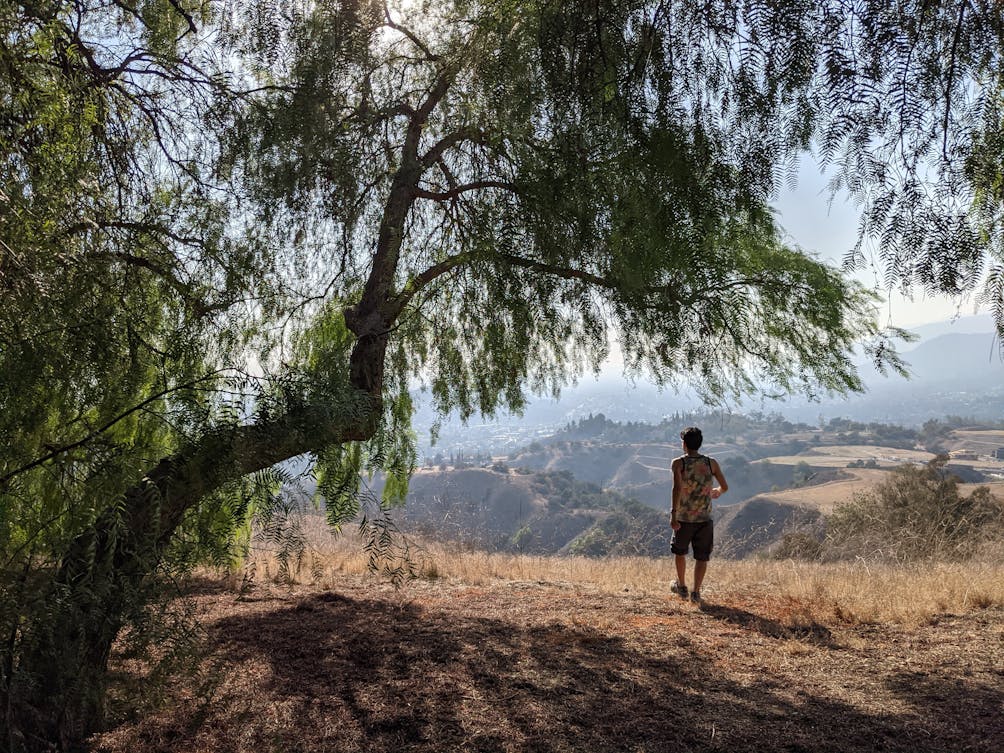 Hiker overlooking a big view of the San Gabriel mountains at Horsethief Canyon Park