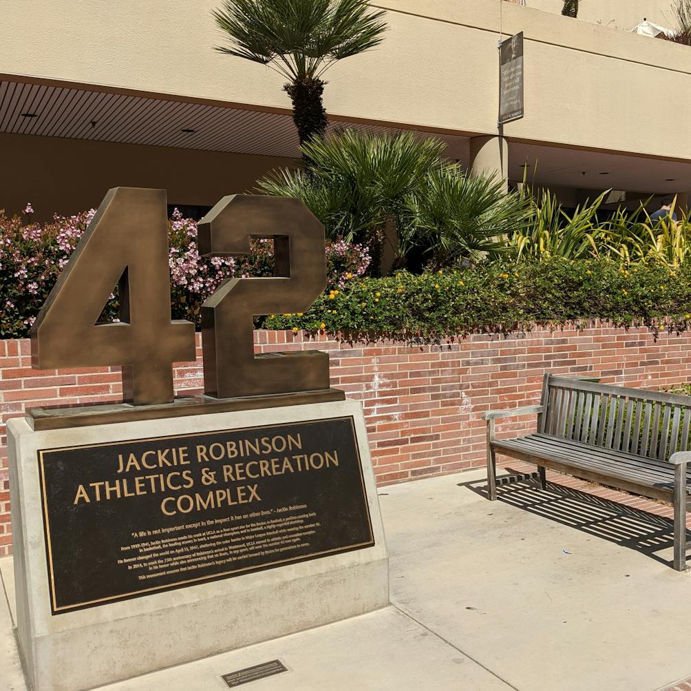 Jackie Robinson number 42 sculpture and commemorative placard at UCLA campus 