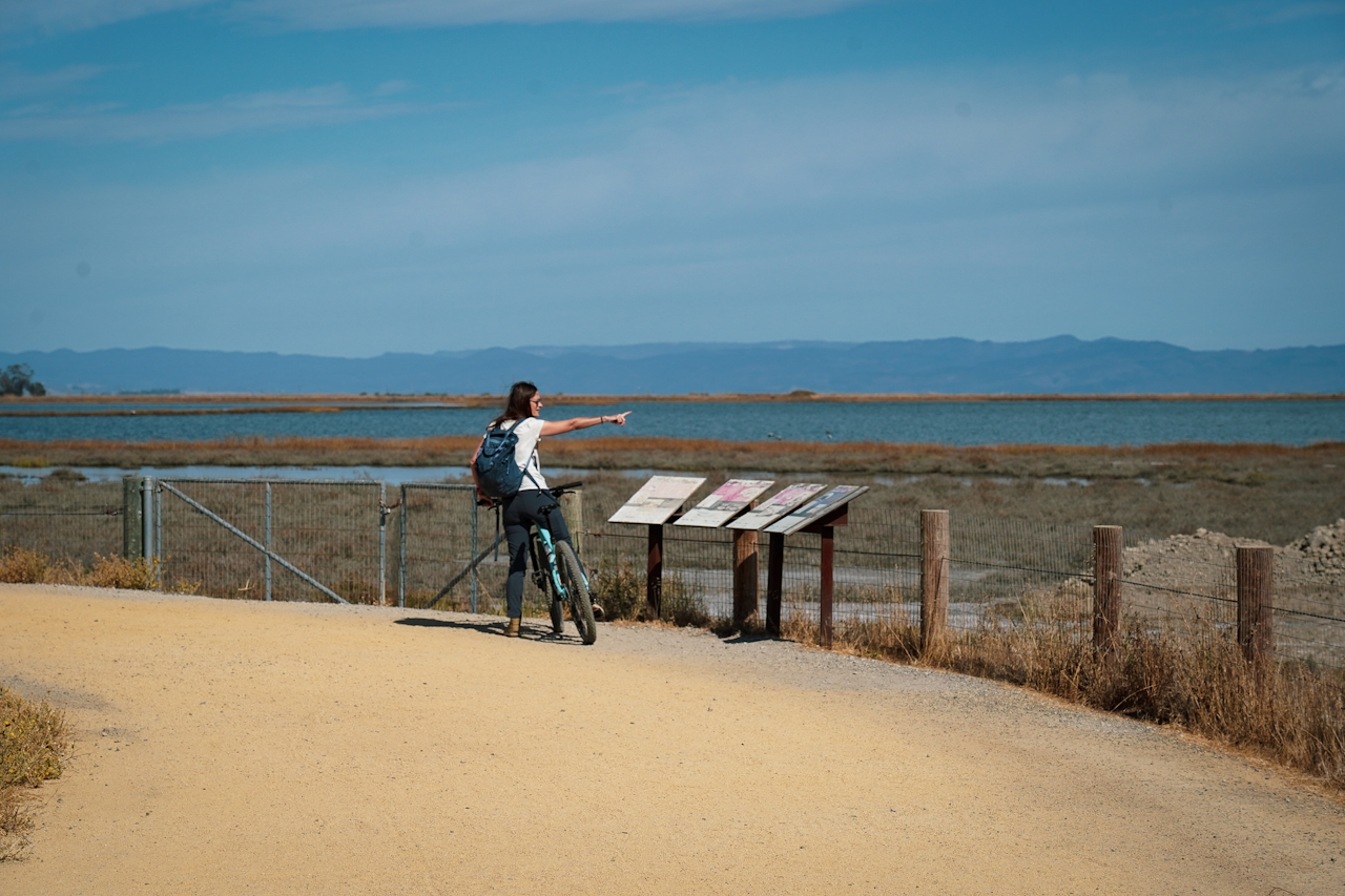 Woman pointing at the San Pablo Bay at the viewing platform at Hamilton Wetlands in Novato 