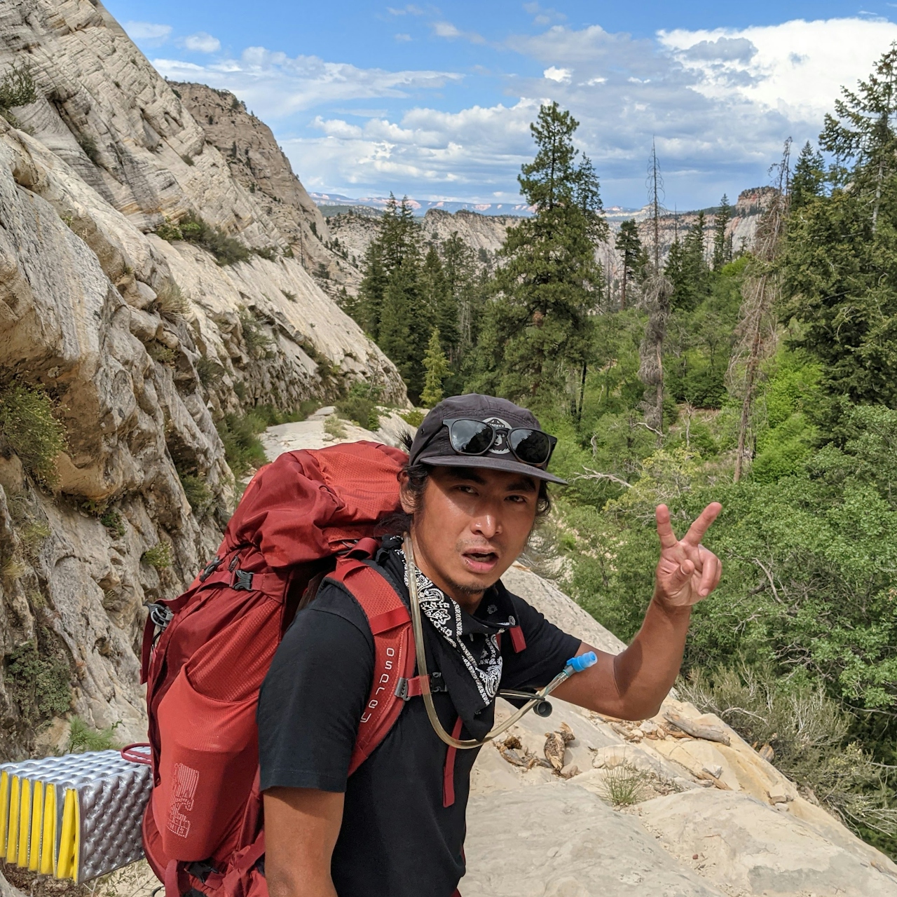 Backpacker young person giving the peace sign on the West Rim Trail at Zion National Park