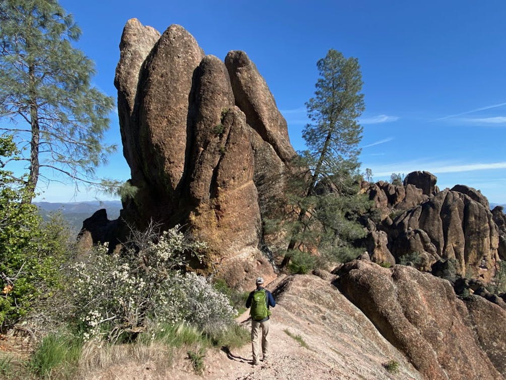 man standing at finger like rock formation in Pinnacles National Park
