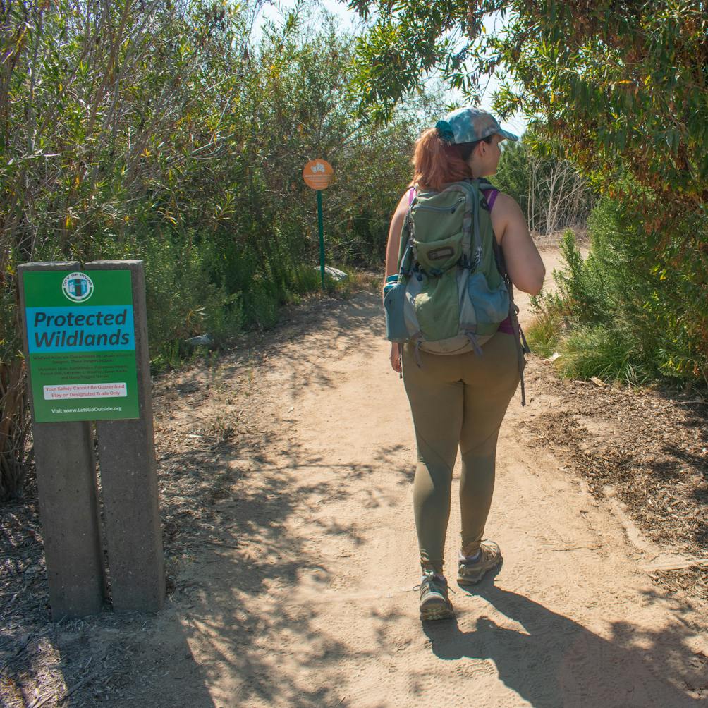 Hiker starting on the Bommer Canyon Trail in its namesake preserved in Orange County 