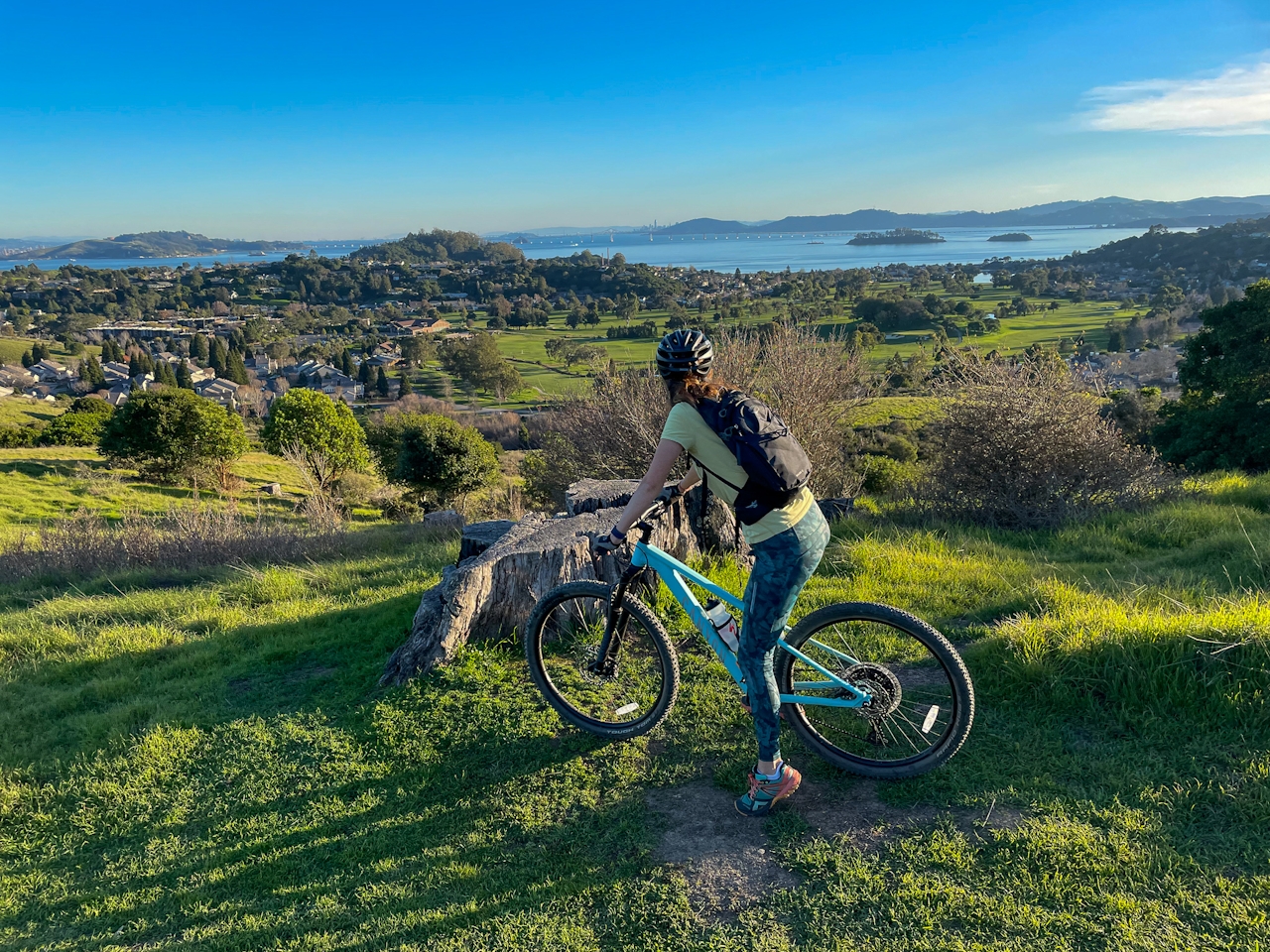 Mountain biker taking in the bay scenery at China Camp State Park 