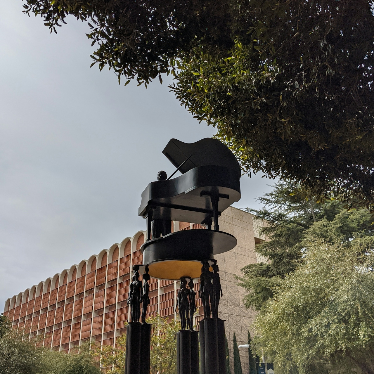 Raised piano art installation at UCLA campus in Los Angeles 