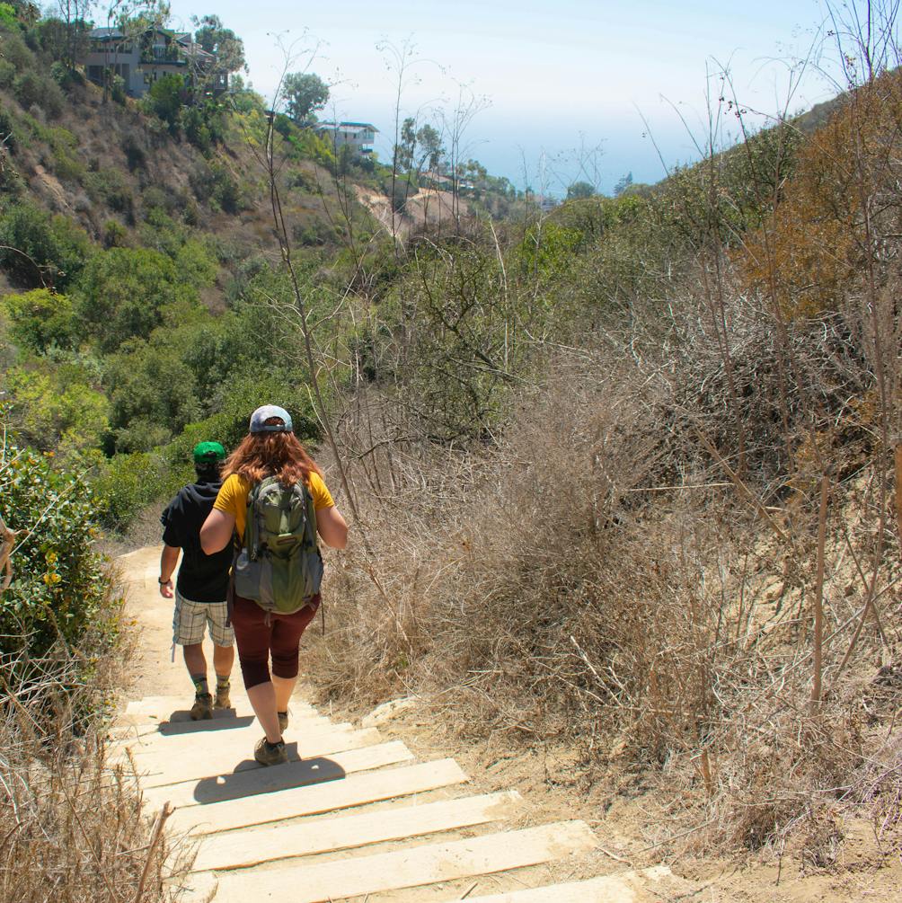 Hikers going down stairs on a trail towards Coast Royale Beach in Orange County 