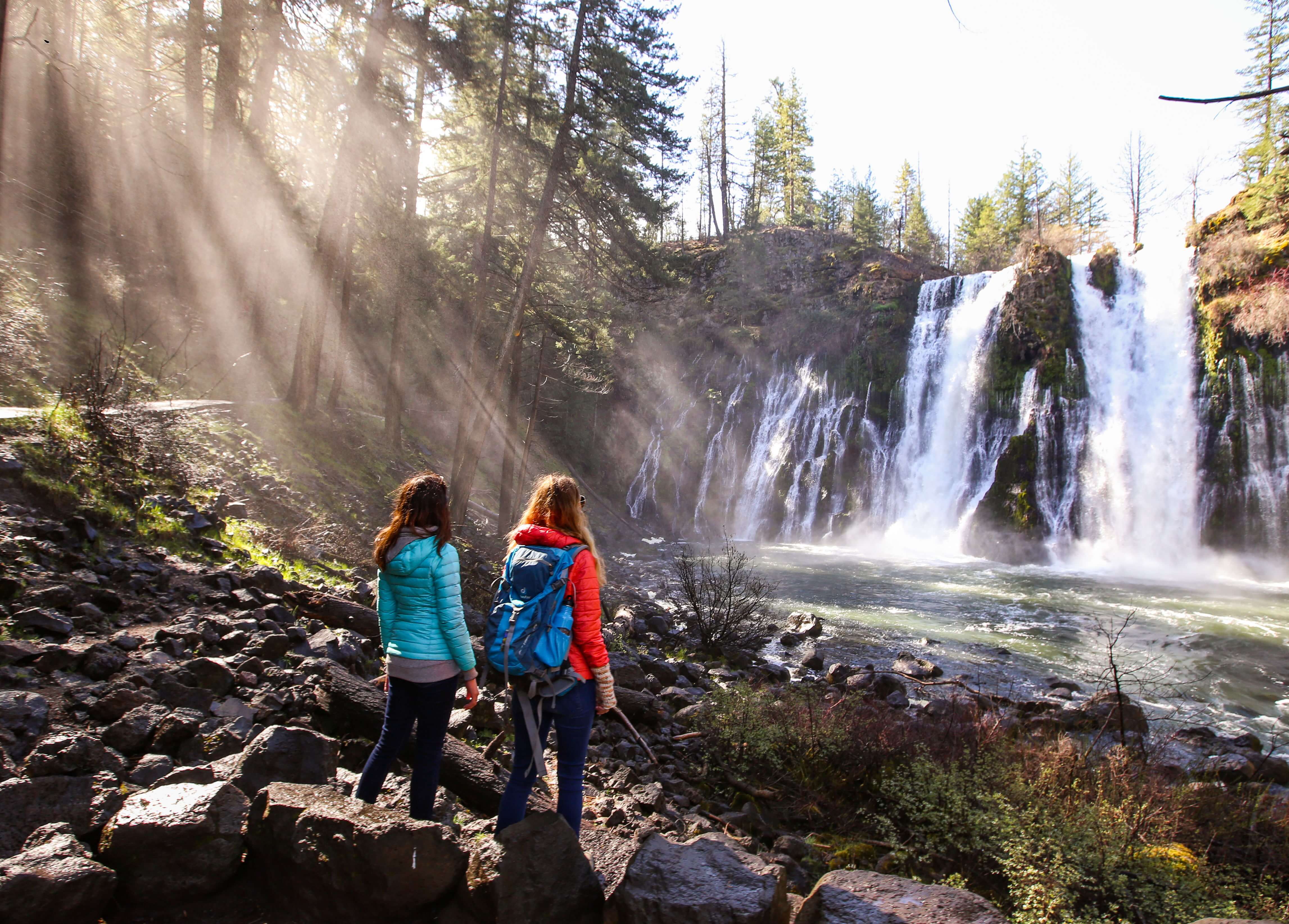 2 people looking at a waterfall in a forest