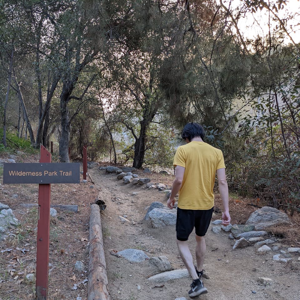 Hiker entering the hiking area at Arcadia Wilderness Park in Los Angeles County 
