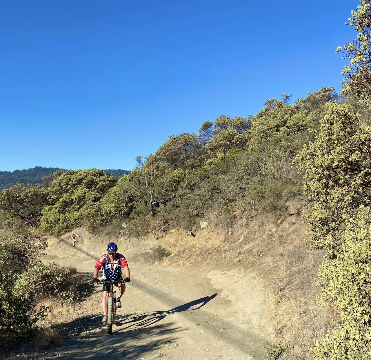 Mountain biker going up a trail at St. Joseph's Hill in Los Gatos 