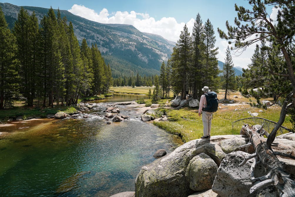 Hiker looking at Lyell Fork of Tuolumne River in Yosemite