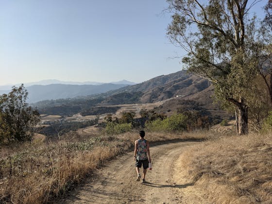 Hiker along a wide trail overlooking the San Gabriels at Horsethief Canyon in San Dimas