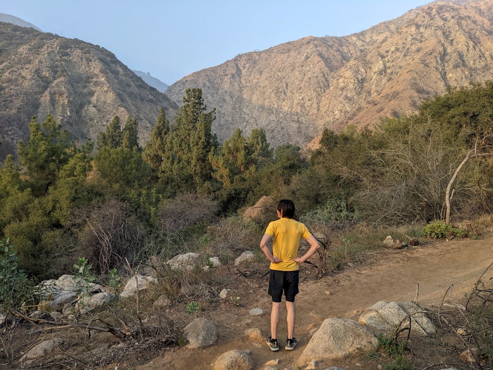 Hiker looking out to the mountains at Arcadia Wilderness Park in Los Angeles County