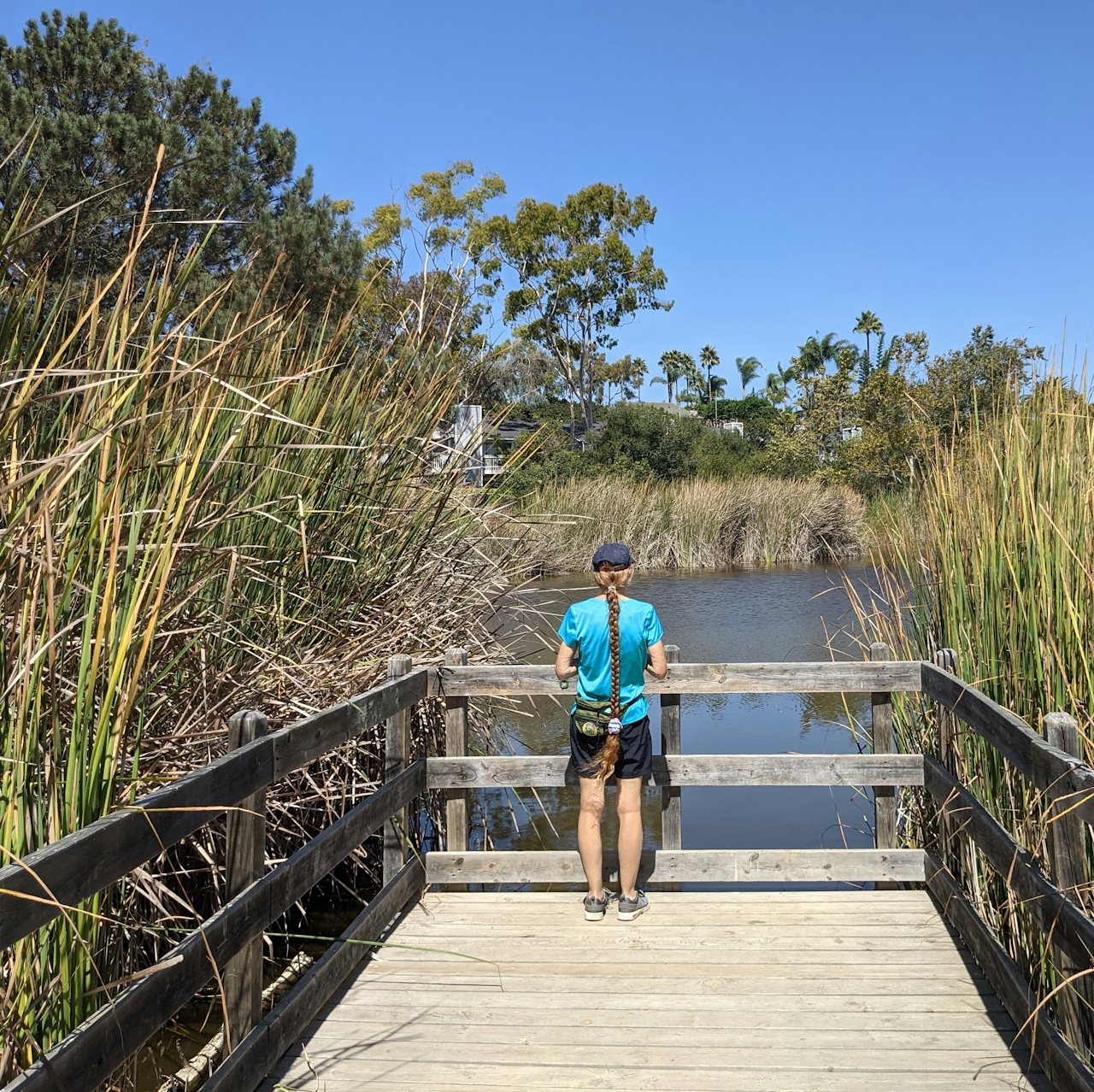 Woman standing at an overlook at Buena Vista Lagoon in Carlsbad 