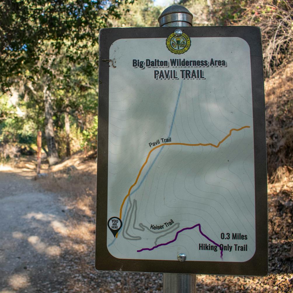 Official trail sign for Big Dalton Canyon Wilderness in Los Angeles County 