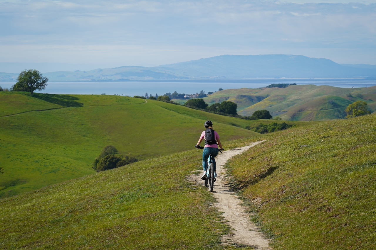 Mountain biker on the trail overlooking San Pablo Bay in the East Bay Fernandez Ranch 