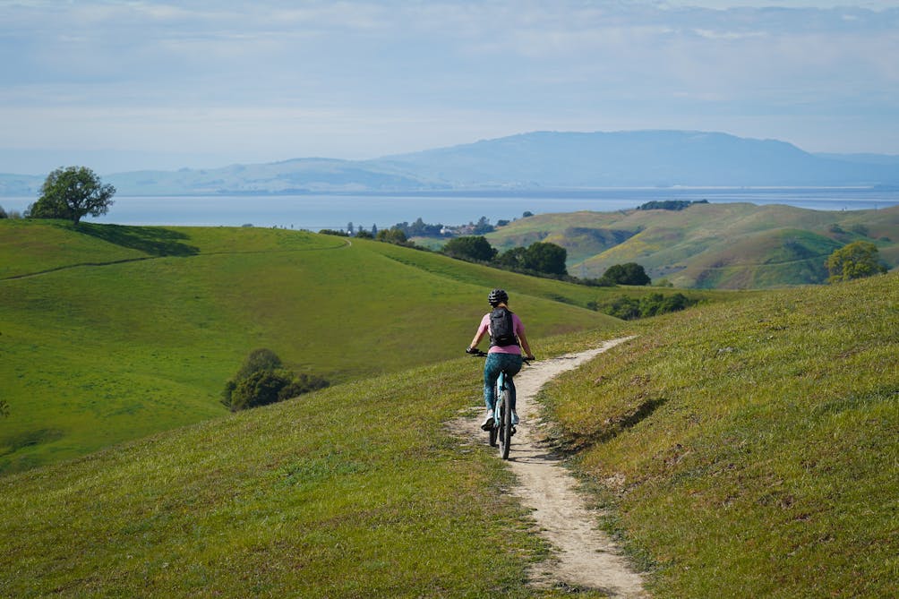 Mountain biker on the trail overlooking San Pablo Bay in the East Bay Fernandez Ranch 