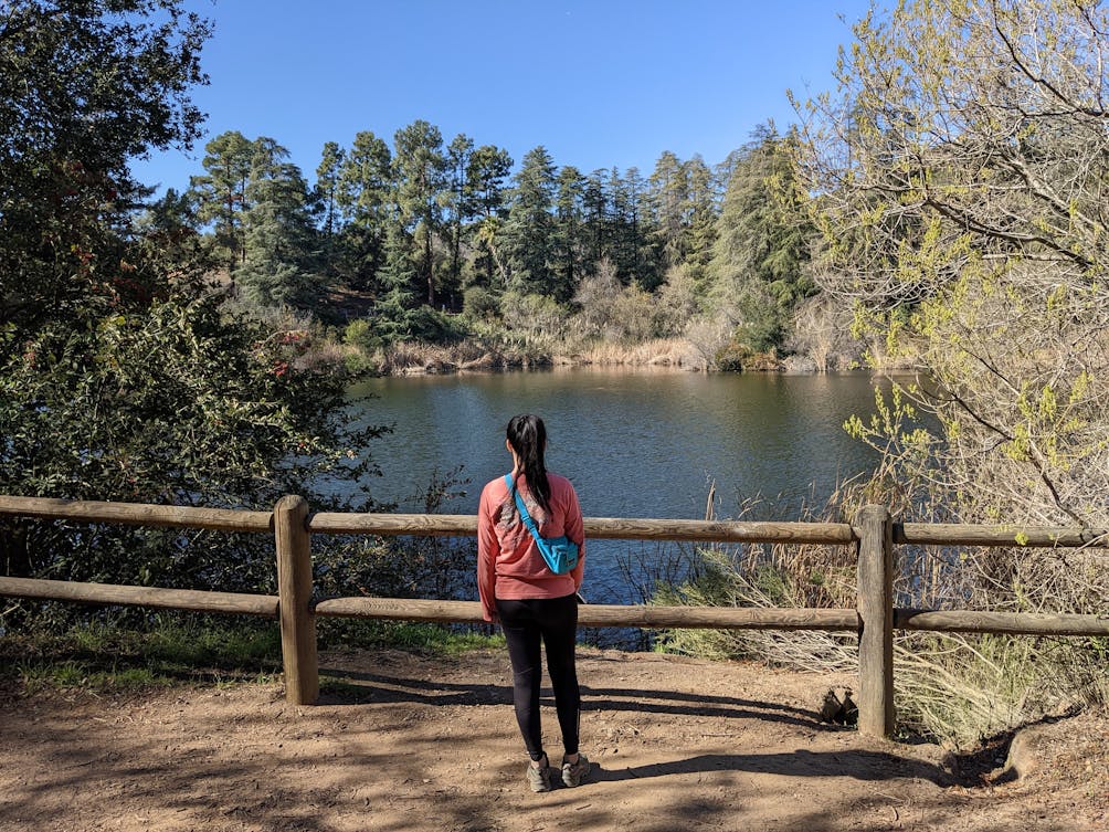 Woman looking out at the water at Franklin Canyon Park in Los Angeles 