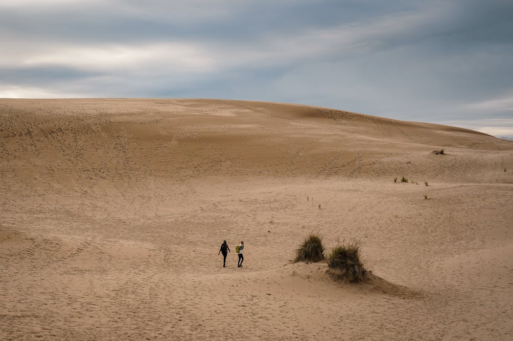 Hikers wandering the vast and wide John Dellenback dunes at Oregon Dunes National Recreation Area 