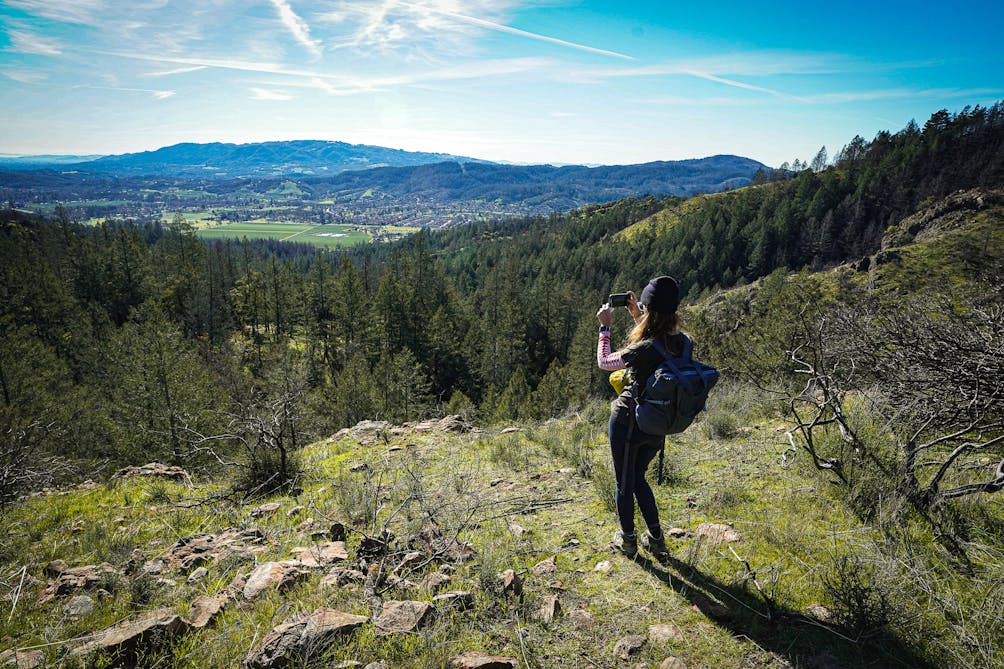 Woman taking a photo of the mountain to sea scenery atop the Lawson Picnic area at Hood Mountain Regional Park in Sonoma County 