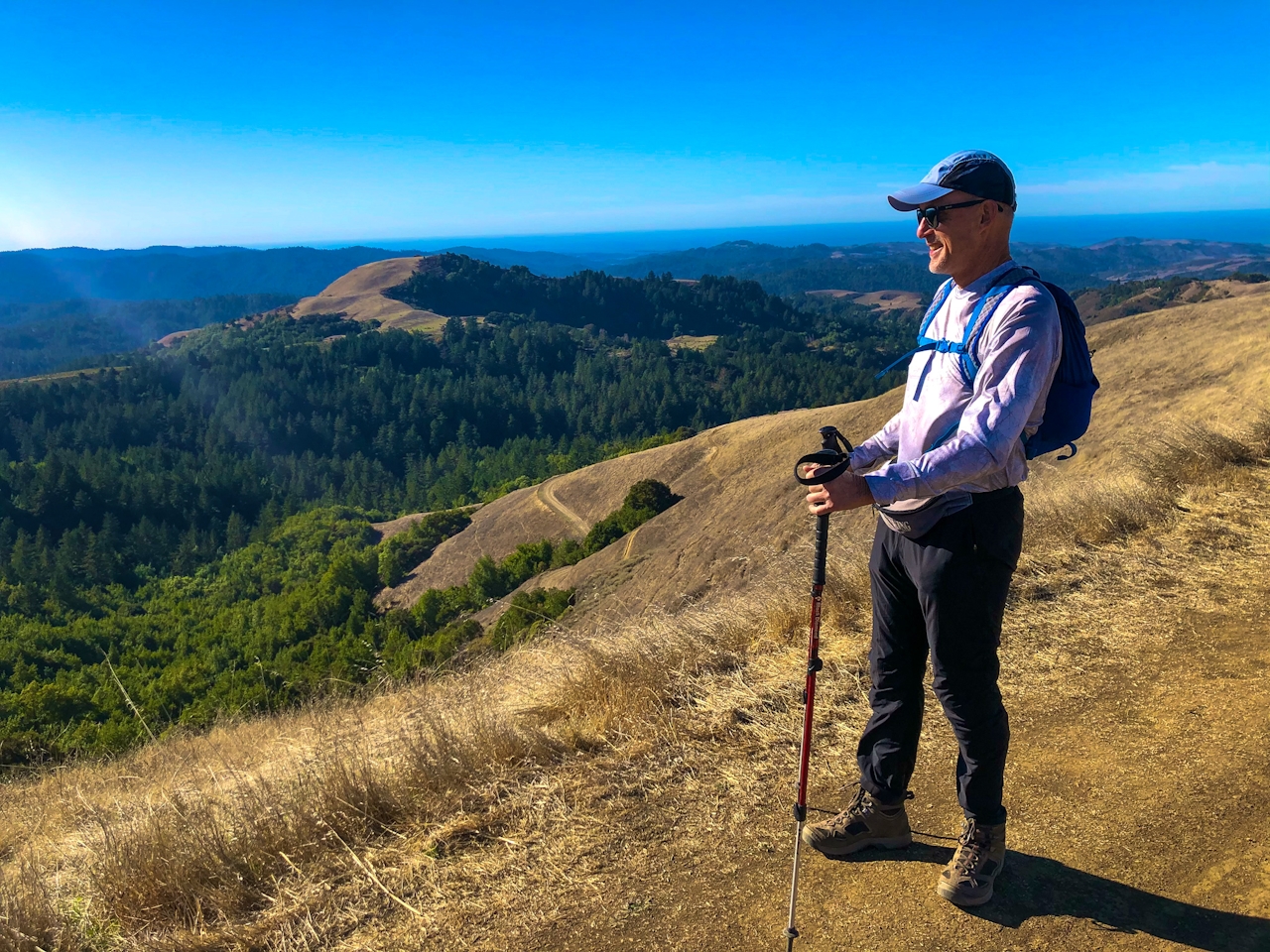 Hiker on the Bay Area Ridge Trail at Russian Ridge Open Space Preserve