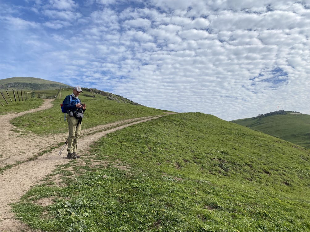 Man on wide open trail surrounded by green hills at Ed R Levin County Park in the East Bay 