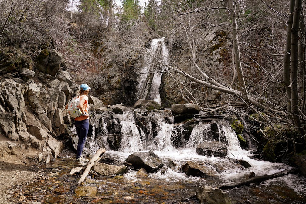 hiker at Hunter Creek Falls in Reno