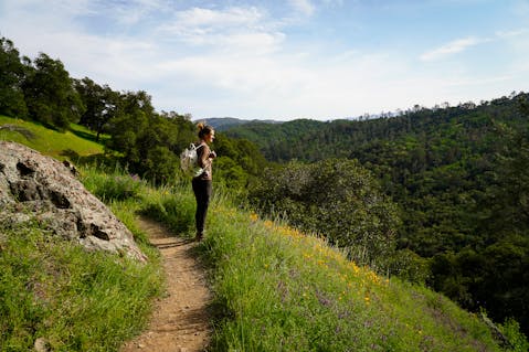 Woman standing on the trail of Valentine Vista Loop at Moore Creek Park in Napa with poppies blooming on the grass 