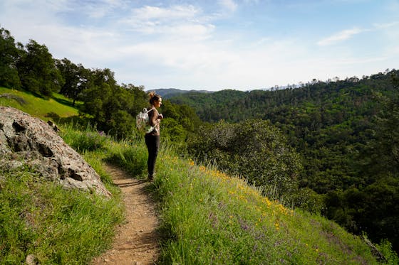 Woman standing on the trail of Valentine Vista Loop at Moore Creek Park in Napa with poppies blooming on the grass