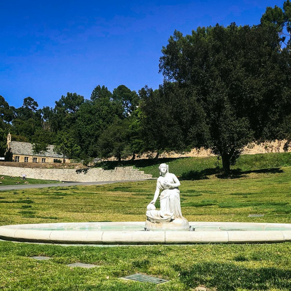 Fountain with a statue at Forest Lawn Memorial Park in Glendale