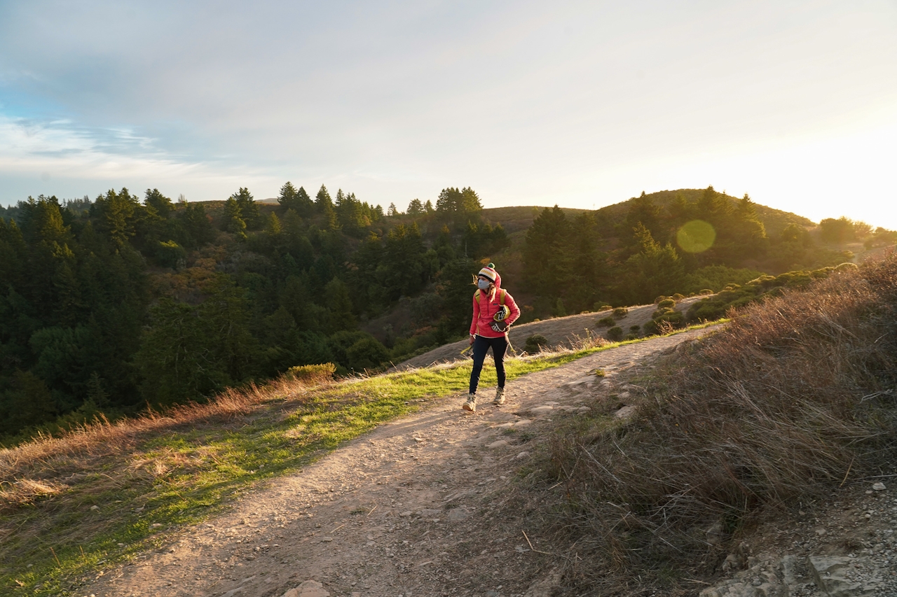 Woman hiking on the trail at Windy Hill Preserve 