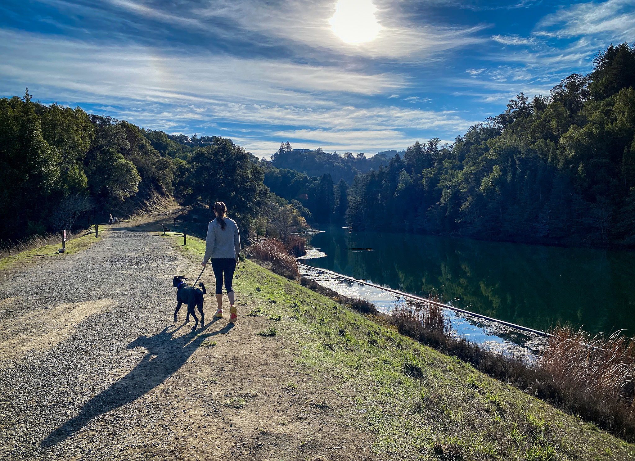 Woman and dog hiking by the water at Mount Tam in Marin 