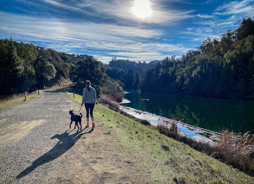 Woman and dog hiking by the water at Mount Tam in Marin 