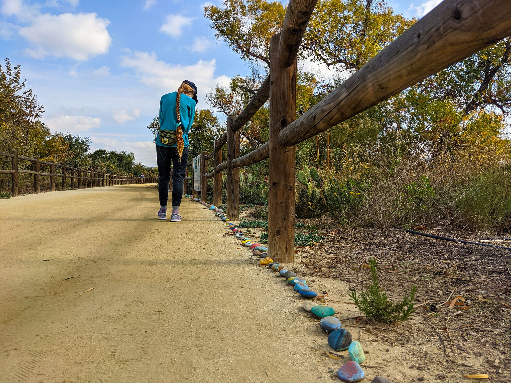 Woman walking and looking at Covid-19 Rock Snake in Santee's Walker Preserve