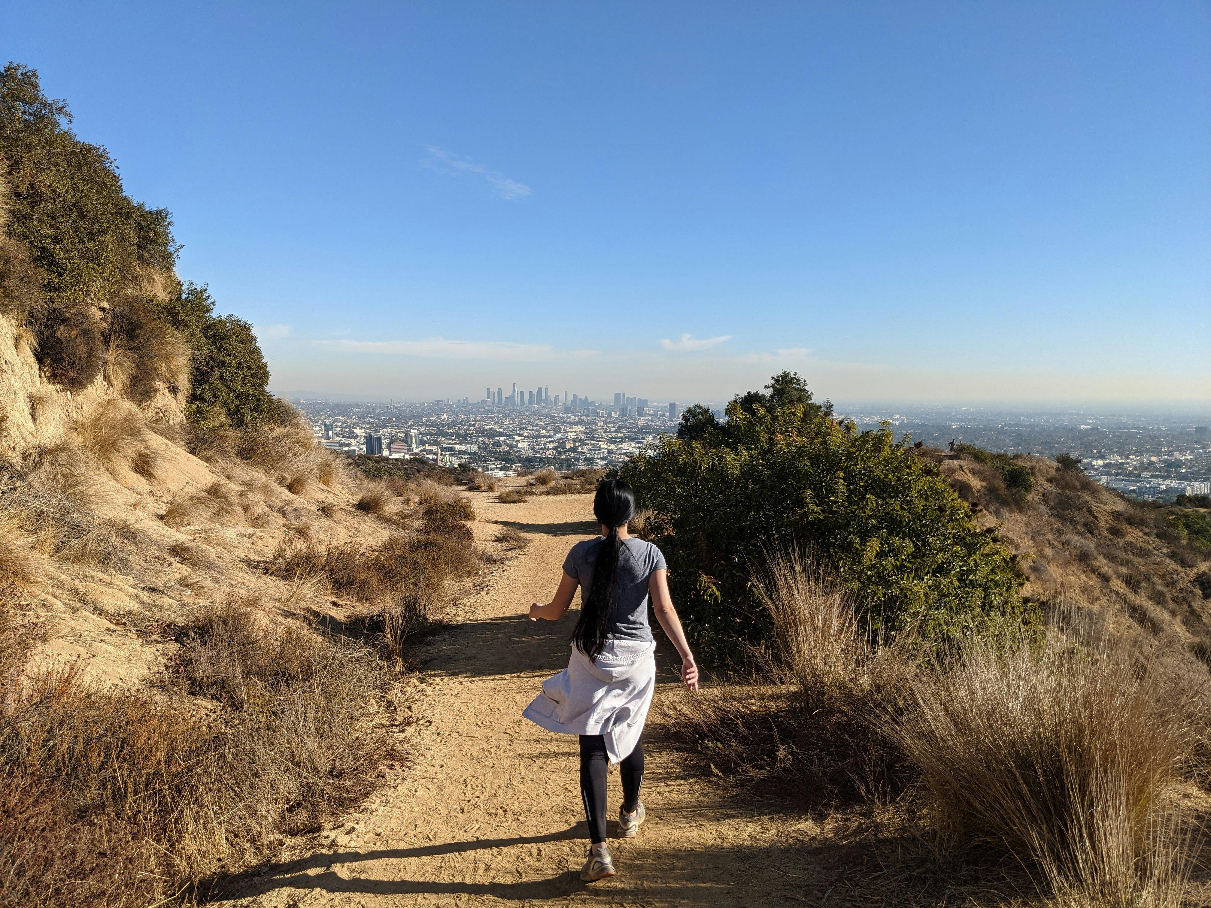 Woman hiking at Trebek Open Space in Los Angeles County 