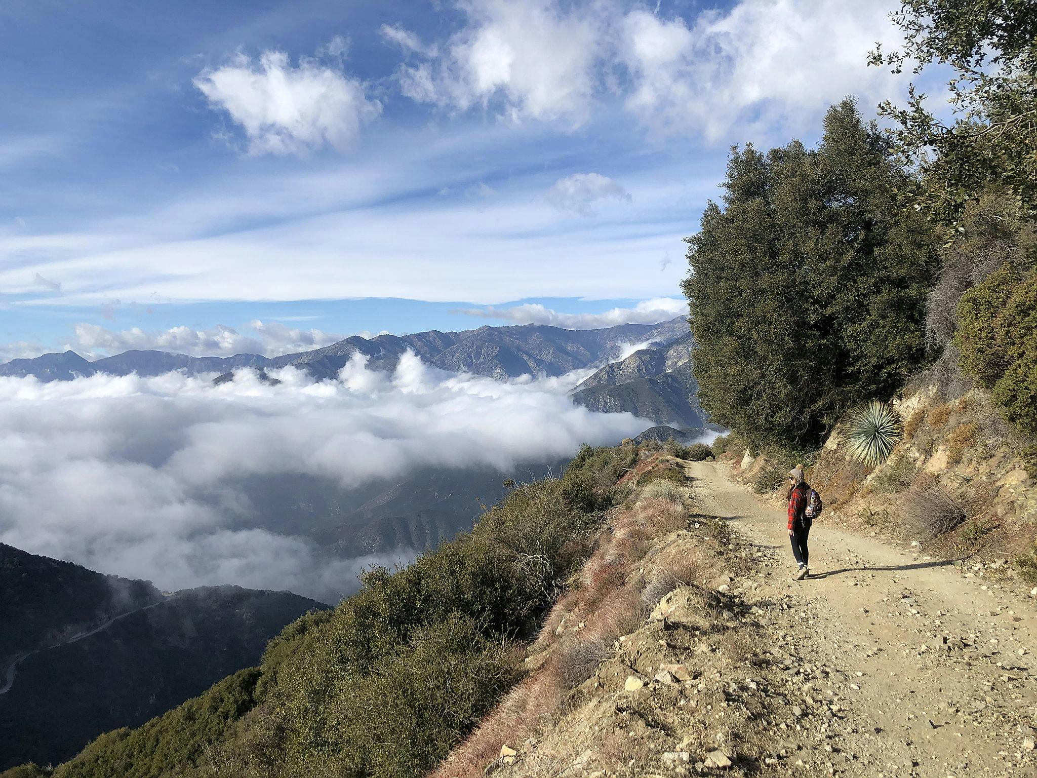 Woman hiking to Sunset Peak and looking at the San Gabriel Mountains blanketed by clouds